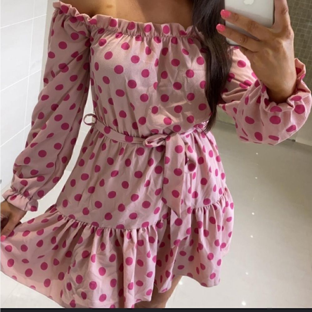 PRETTY LITTLE THING pink polka dot ruffle off shoulder dress empire waist belt 6